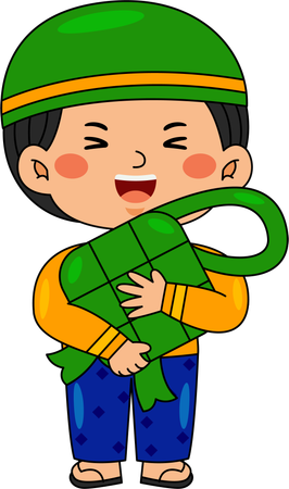 Muslim boy holding green ketupat  Illustration