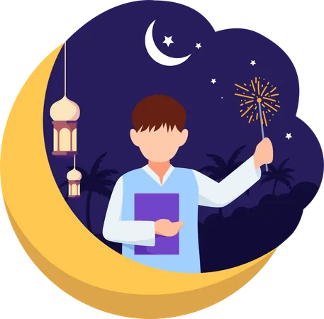 Muslim boy holding holy book and firecrackers Illustration
