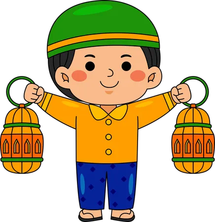 Muslim boy holding lanterns  Illustration