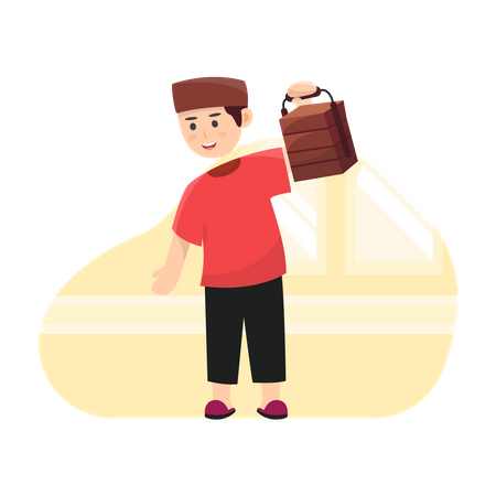 Muslim boy holding lunch box  Illustration