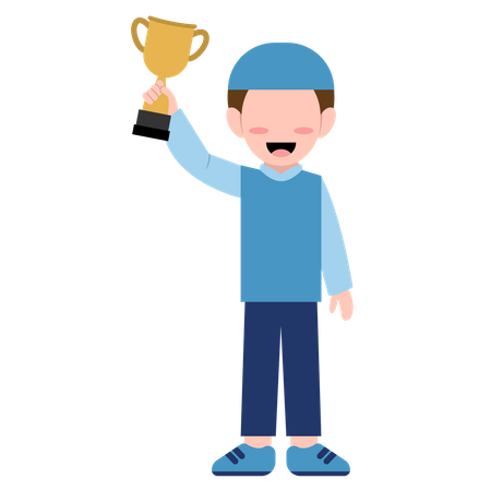 Muslim boy holding trophy cup  Illustration