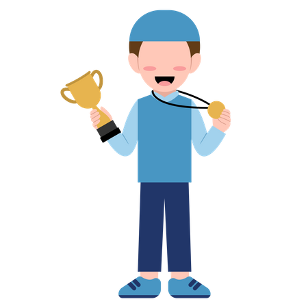 Muslim boy holding winning trophy  and medal  Illustration