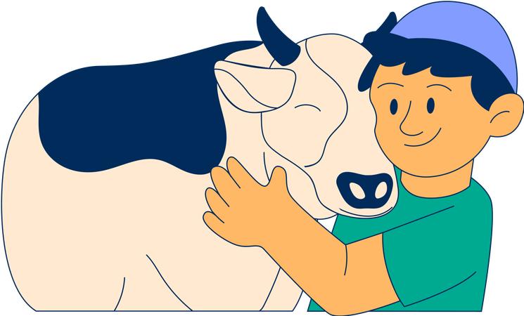 Muslim Boy Hugging Cow  Illustration
