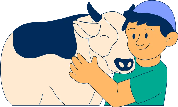 Muslim Boy Hugging Cow  Illustration