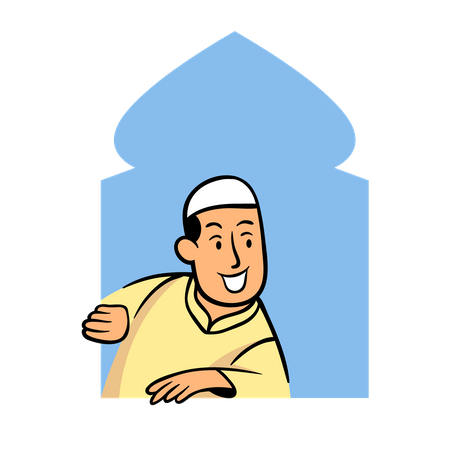 Muslim boy in the mosque window  Illustration