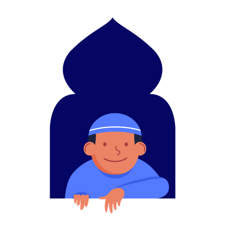 Muslim boy in the mosque window  Illustration