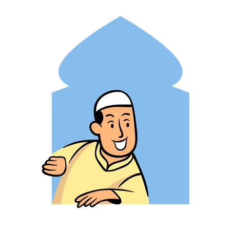 Muslim boy in the mosque window  Illustration