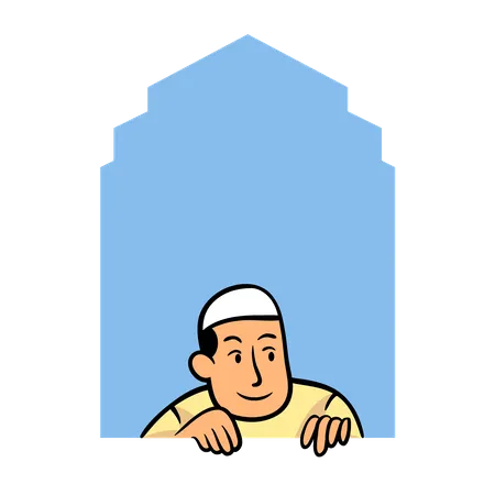 Cartoon Character Collection Set Of Male Moslem Peeping In The Mosque Window Illustration
