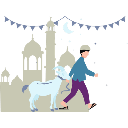 Muslim boy is carrying a goat  Illustration