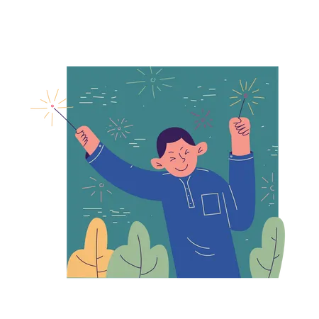 Muslim boy is having fun playing with fireworks  Illustration