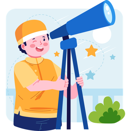 Muslim boy looking at stars using telescope  Illustration