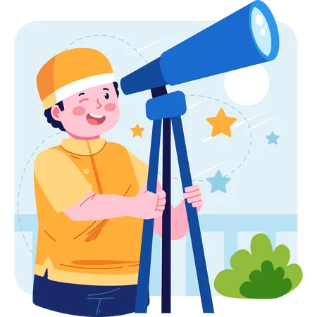 Muslim boy looking at stars using telescope  Illustration