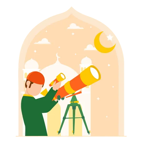 Muslim boy looking in telescope  Illustration