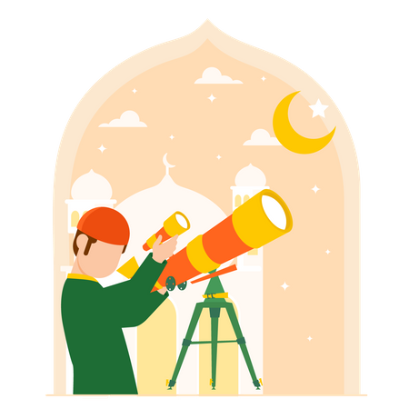 Muslim boy looking in telescope  Illustration