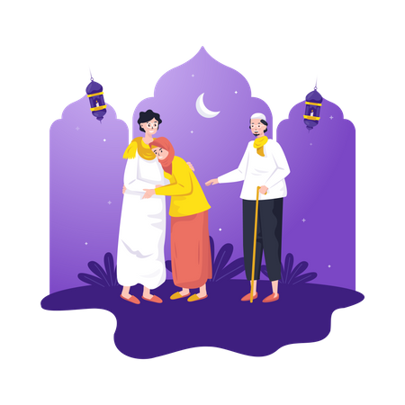 Muslim boy meeting parents during Ramadan  Illustration