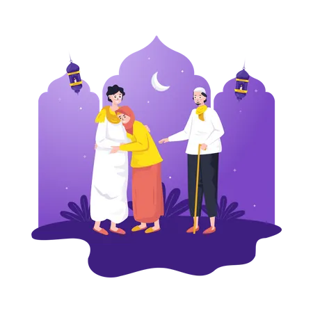 Muslim boy meeting parents during Ramadan  Illustration