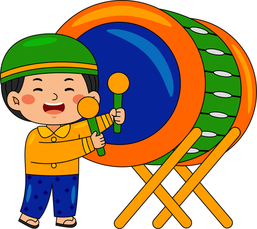 Muslim boy playing bedug drum  Illustration