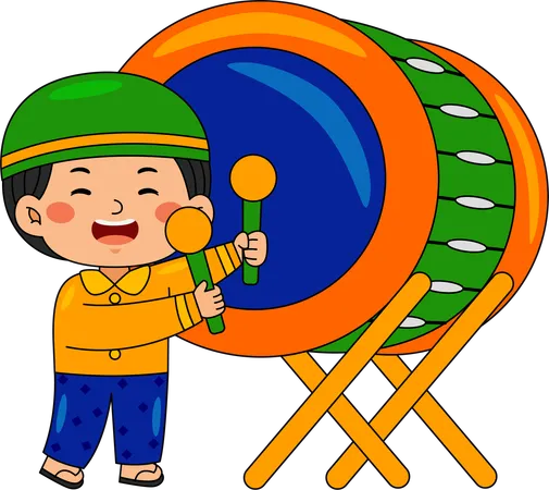 Muslim boy playing bedug drum  Illustration