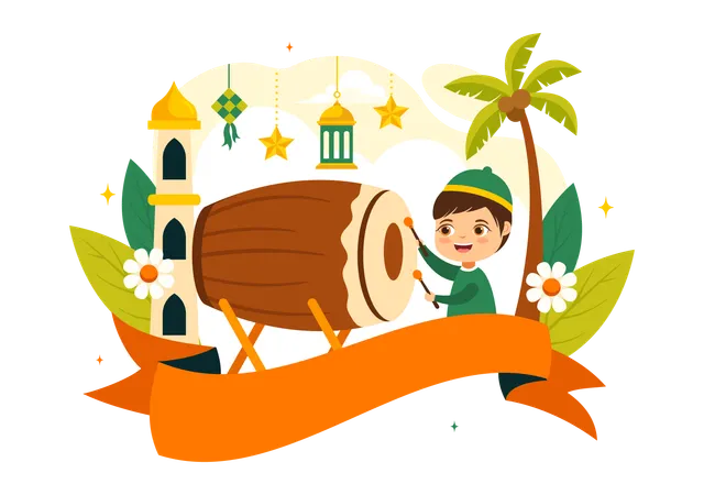 Muslim boy playing drum on eid  Illustration