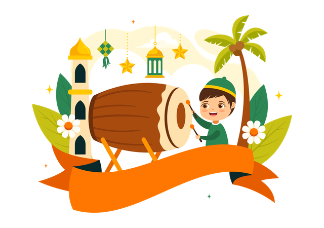 Muslim boy playing drum on eid  Illustration