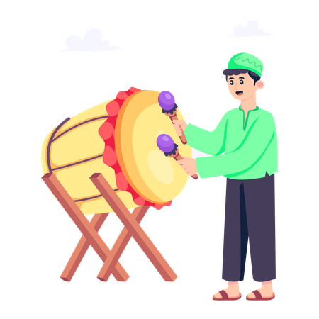 Muslim boy playing Ramadan Bedug  Illustration