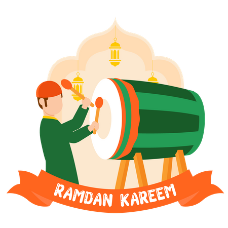 Muslim boy playing ramadan drum  Illustration