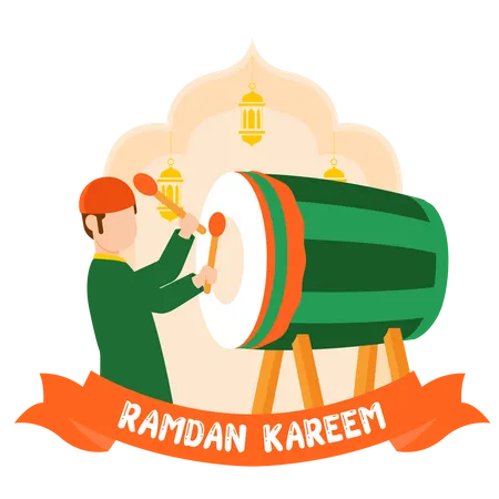 Muslim boy playing ramadan drum  Illustration