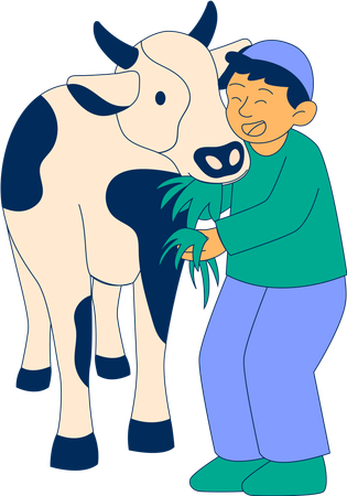 Muslim Boy playing with cow that eating grass  Illustration