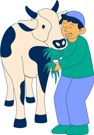 Muslim Boy playing with cow that eating grass  Illustration
