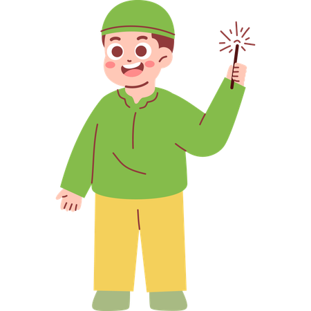 Muslim Boy Playing with Fireworks  Illustration