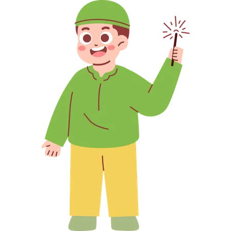 Muslim Boy Playing with Fireworks  Illustration