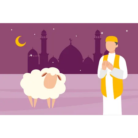 Muslim boy praying for sheep  Illustration