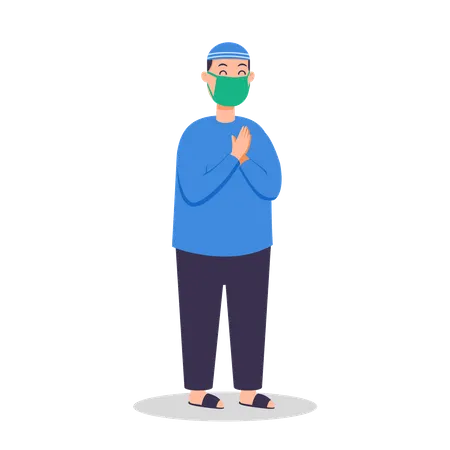 Character Set Of Moslem Boy Preventing From Flu Spread By Apply Healthy Lifestyle Illustration