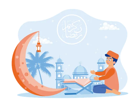 Muslim boy reading Koran decorated with crescent moon and lantern  Illustration