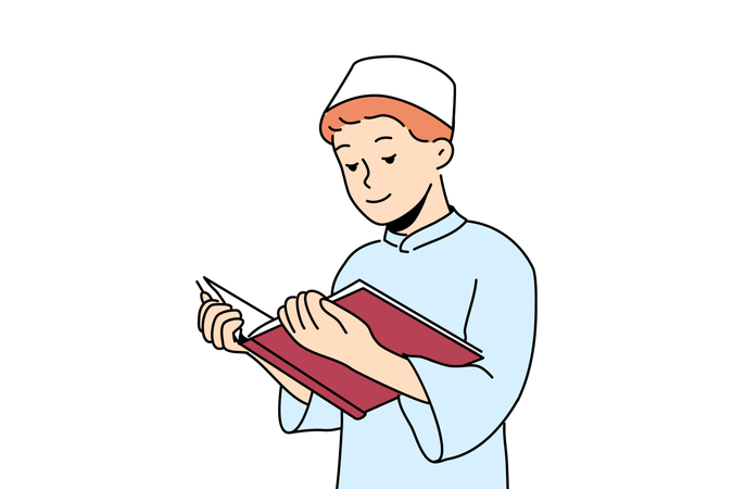 Muslim boy reads Quran and comprehending basics islamic religion  Illustration