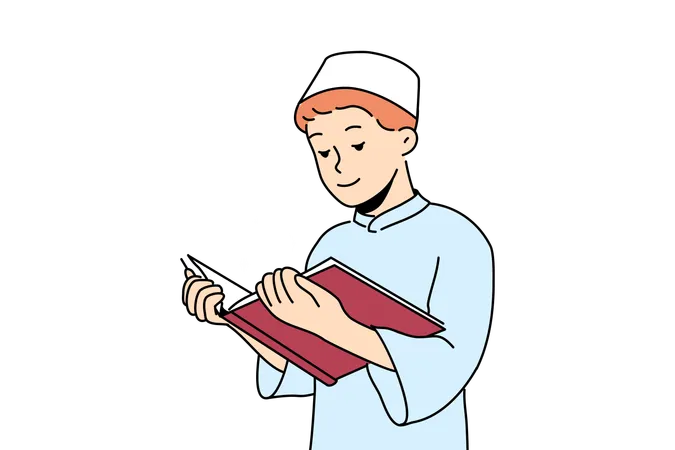 Muslim boy reads Quran and comprehending basics islamic religion  Illustration