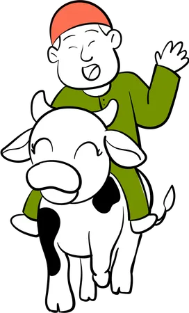Muslim boy riding cow  Illustration