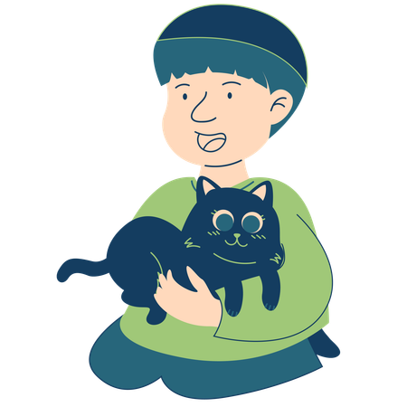 Muslim Boy Sits with Cat  Illustration