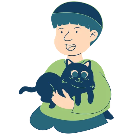 Muslim Boy Sits with Cat  Illustration