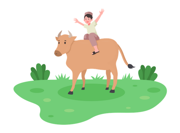 Muslim boy sitting on cow  Illustration