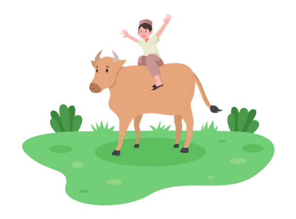 Muslim boy sitting on cow  Illustration