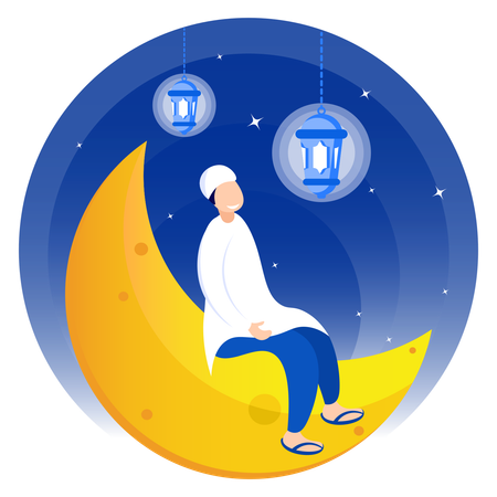 Muslim Boy Sitting On Moon  Illustration