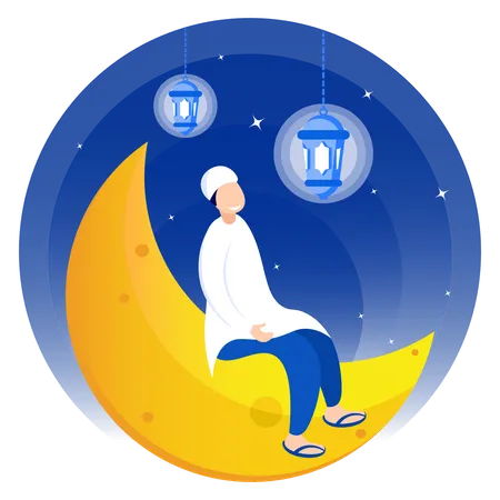 Muslim Boy Sitting On Moon  Illustration