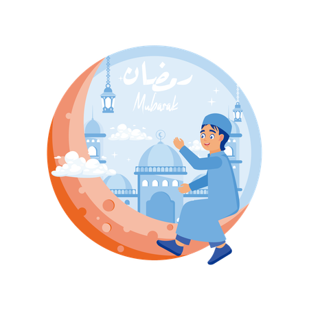 Muslim boy sitting on the crescent moon  Illustration