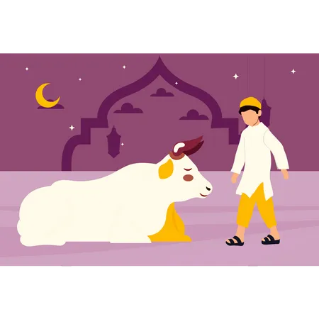 Muslim boy standing next to cow  Illustration