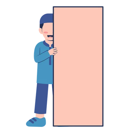 Muslim boy standing with huge empty board  Illustration