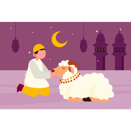 Muslim boy taking care of sheep  Illustration
