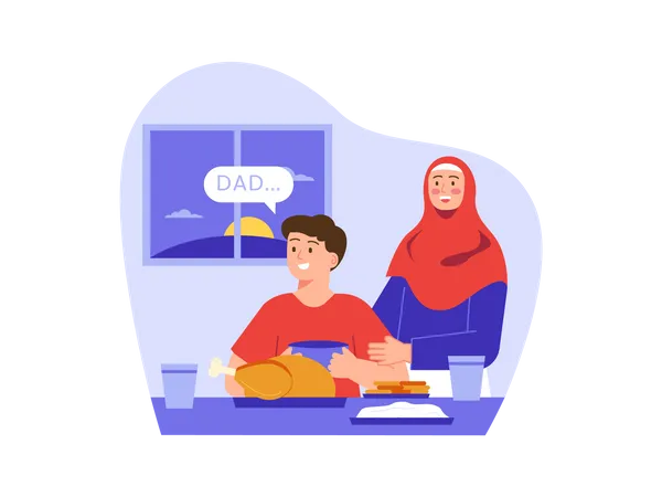 Muslim boy waiting for Dad before eating meal  Illustration