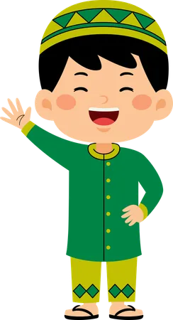 Muslim boy waving left hand  Illustration