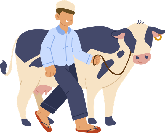 Muslim boy with cow  일러스트레이션